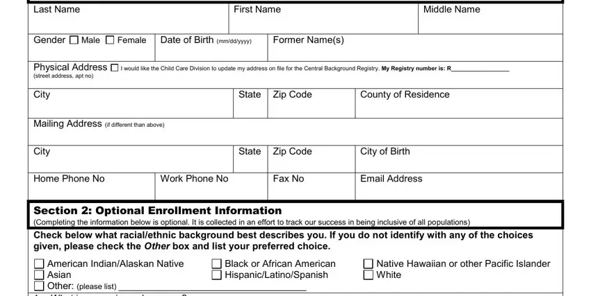 Oregon Registry Enrollment Form fields to fill in