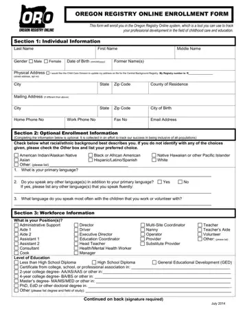 Oregon Registry Enrollment Form Preview