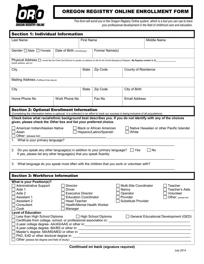 Oregon Registry Enrollment Form first page preview