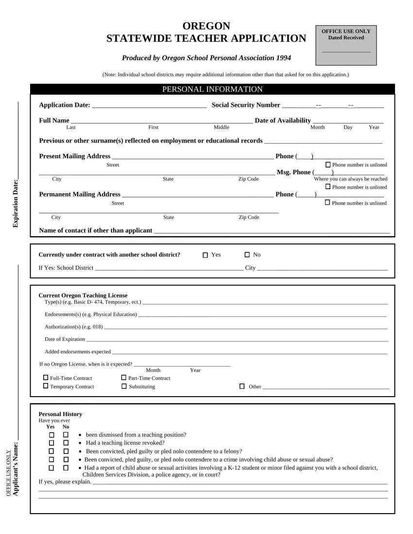 Oregon Teacher Application first page preview