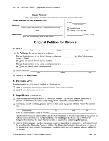 Original Petition For Divorce Form Preview