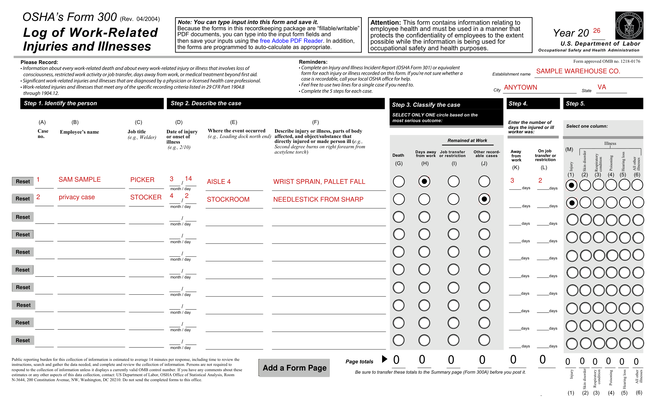 OSHA Form 300 example filled out, example: a sprain and a needlestick privacy case