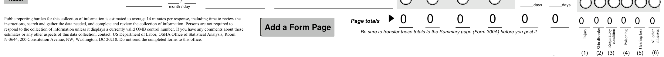OSHA Form 300 example filled out, page totals and the Summary