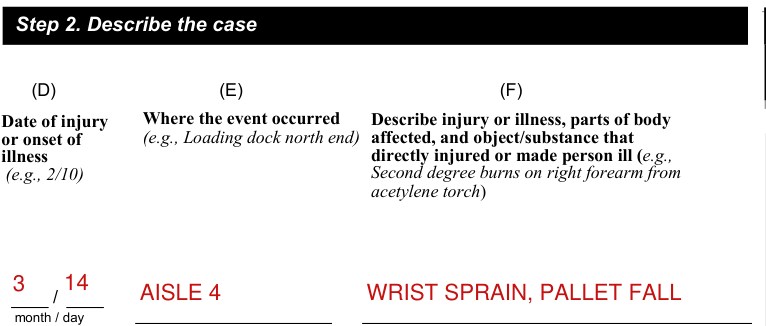 OSHA Form 300 example filled out, step 2. Describe the case