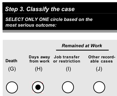 OSHA Form 300 example filled out, step 3. Classify the case
