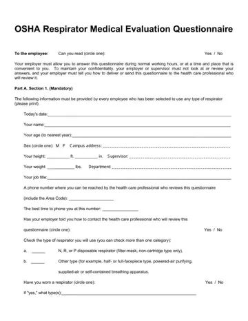 Osha Respirator Medical Questionnaire Form Preview