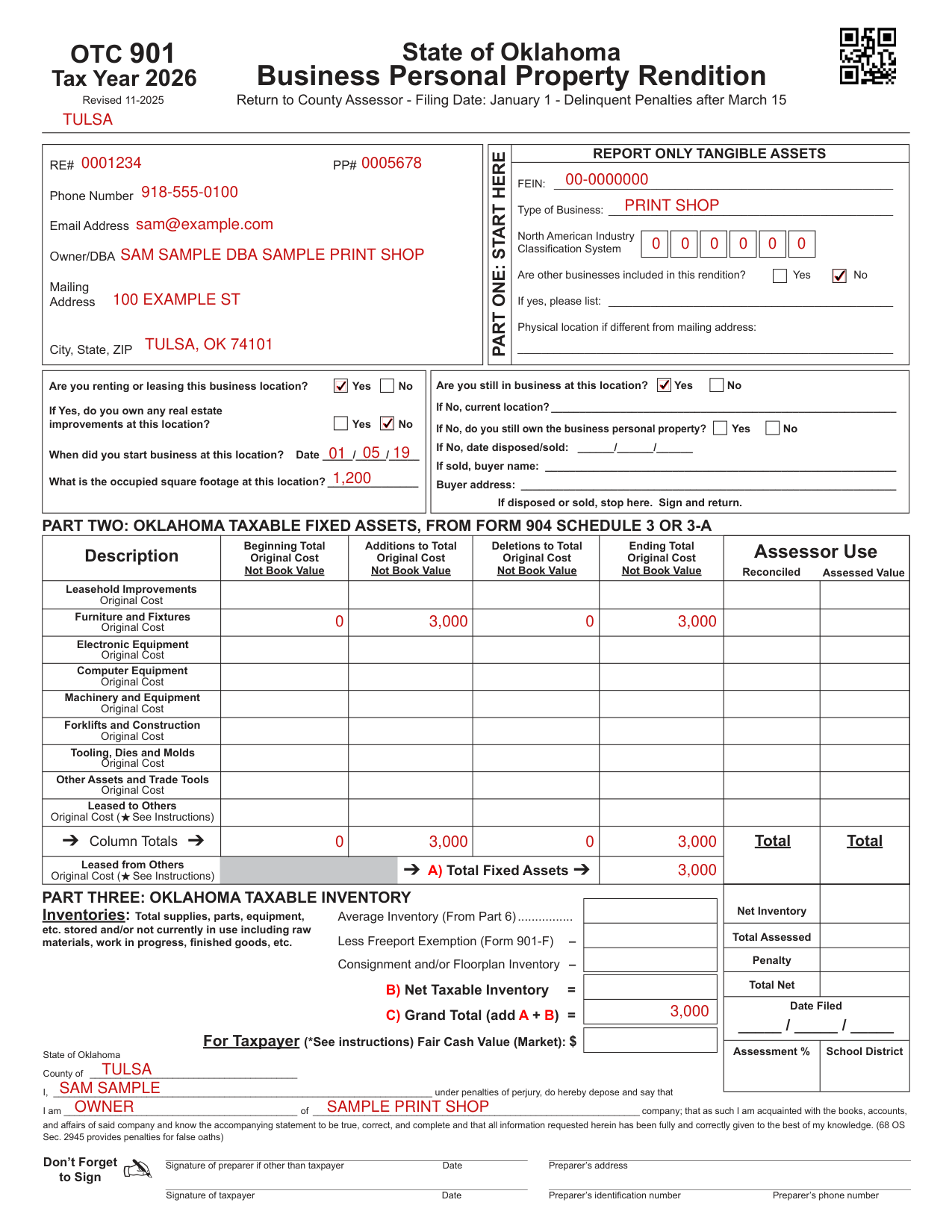 Form OTC 901 example filled out, example: a print shop reports its first desk