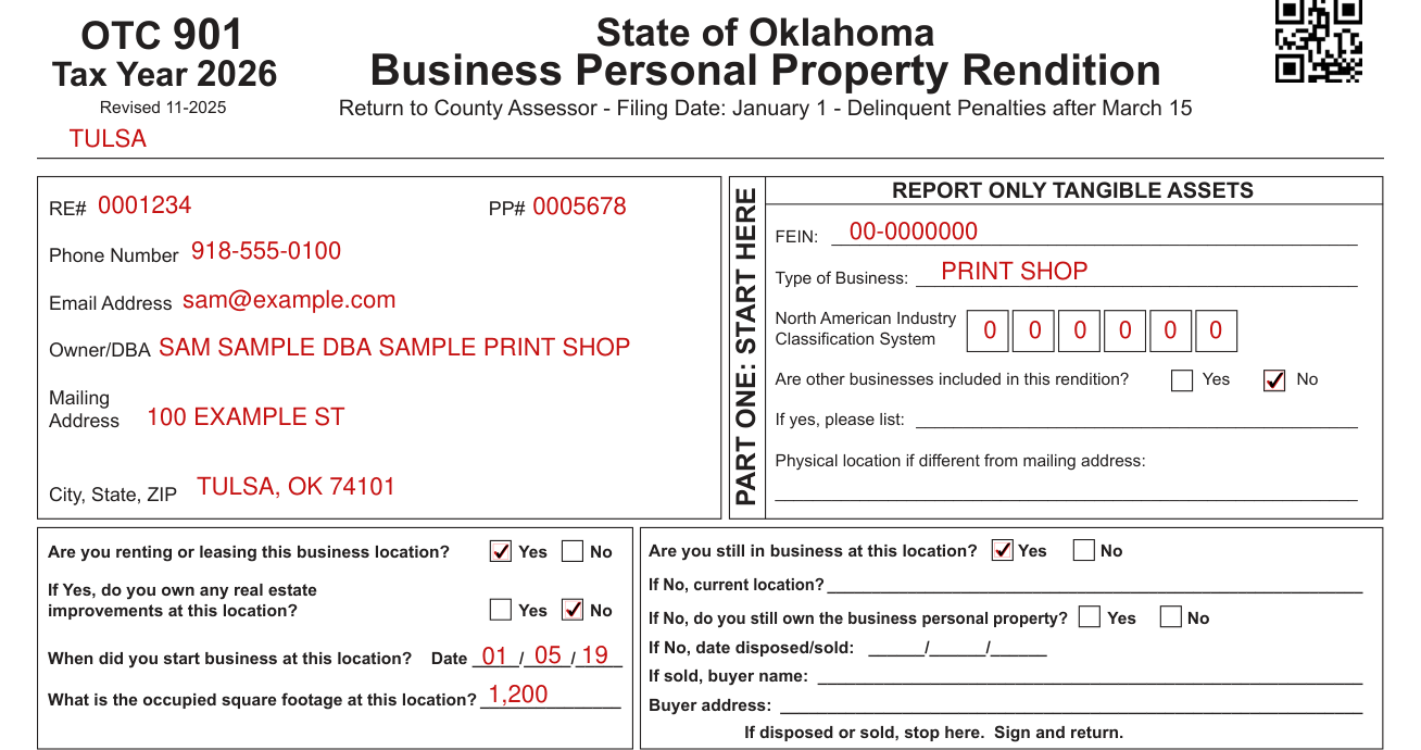 Form OTC 901 example filled out, pART ONE: START HERE