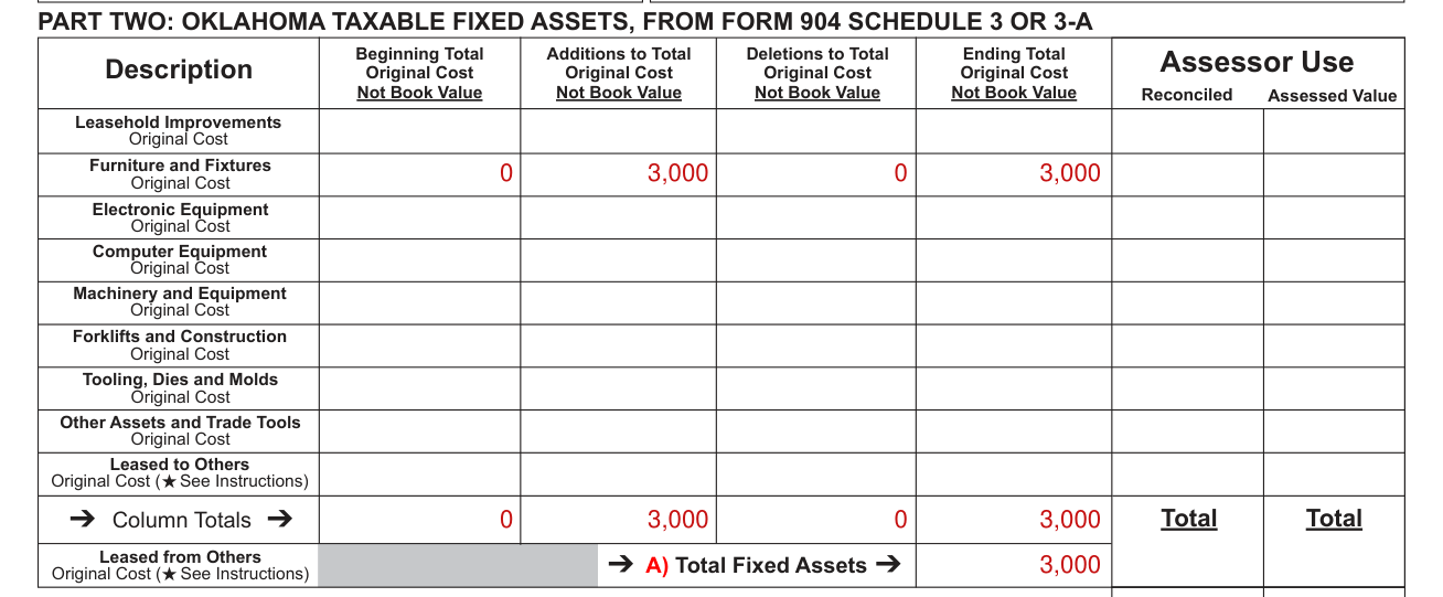 Form OTC 901 example filled out, pART TWO: OKLAHOMA TAXABLE FIXED ASSETS, FROM FORM 904 SCHEDULE 3 OR 3-A