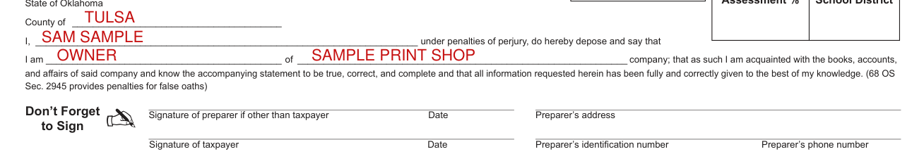 Form OTC 901 example filled out, the oath, signing and the preparer