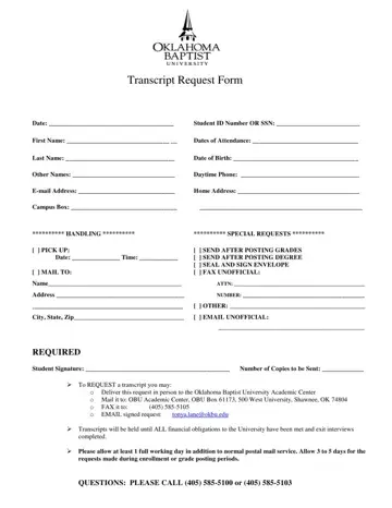 Ouachita Baptist University Transcript Request Form Preview