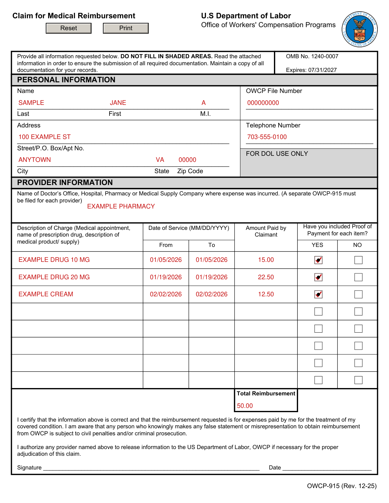 Form OWCP-915 example filled out, example: a claimant seeks reimbursement for three prescriptions