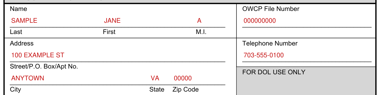 Form OWCP-915 example filled out, personal information