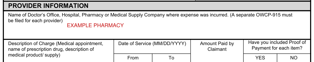 Form OWCP-915 example filled out, provider information