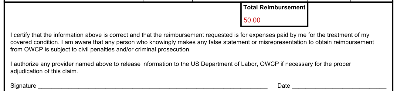 Form OWCP-915 example filled out, total Reimbursement, certification and signature