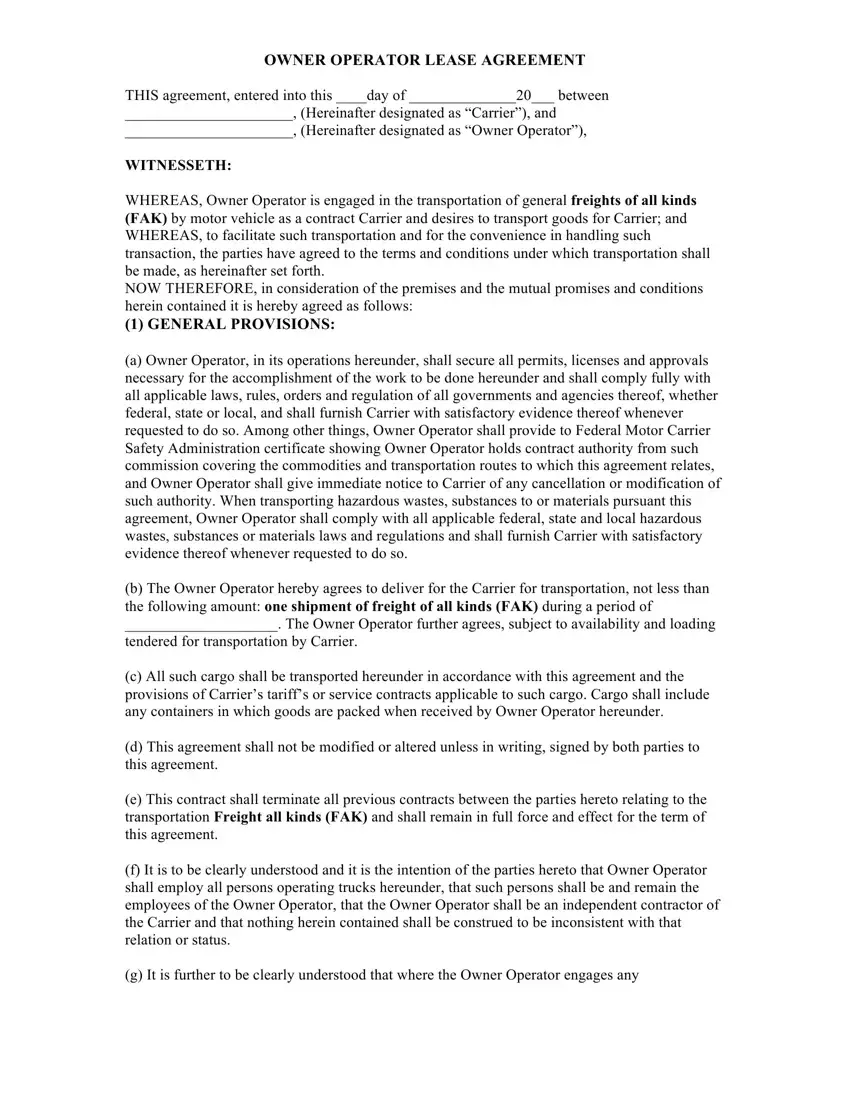Owner Operator Lease Agreement first page preview