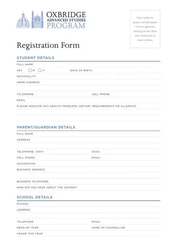 Oxbridge Academy Registration Form Preview