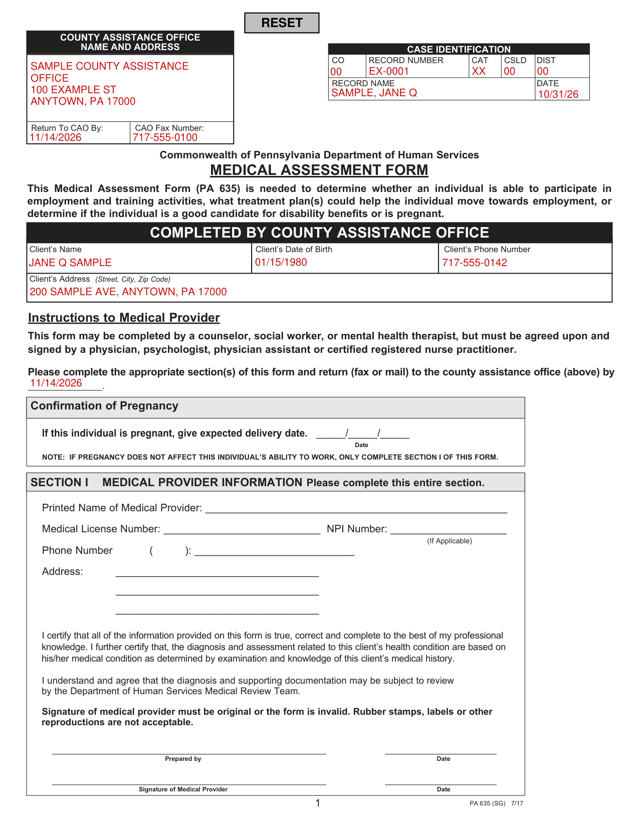 Form PA 635 example filled out, example: the county assistance office prepares the form for a client