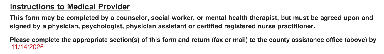 Form PA 635 example filled out, instructions to Medical Provider