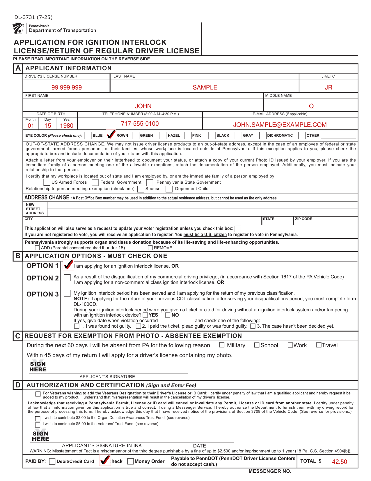 Form DL-3731 example filled out, example: an ignition interlock license by check
