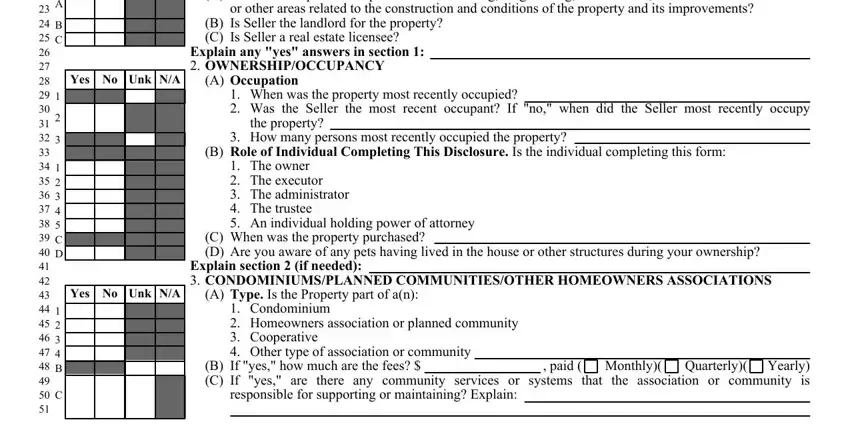 pa sellers disclosure form 2020 SELLERSEXPERTISEA, YesNoUnkNA, AOccupation, YesNoUnkNA, ATypeIsthePropertypartofan, paidMonthly, and Quarterly blanks to insert