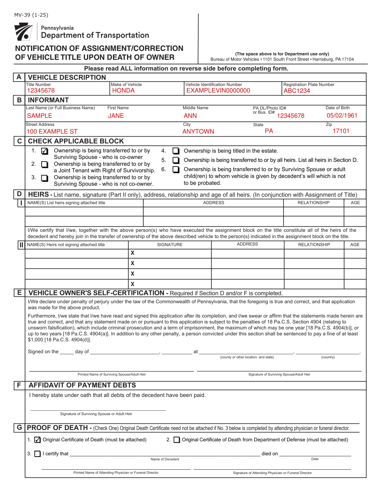 Form MV-39 example filled out, example: a surviving spouse and co-owner, Block 1