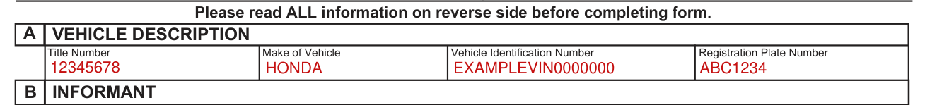 Form MV-39 example filled out, section A, the vehicle description