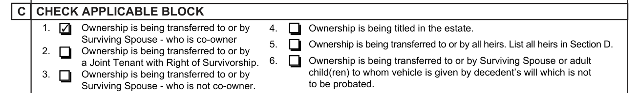 Form MV-39 example filled out, section C, check the applicable block