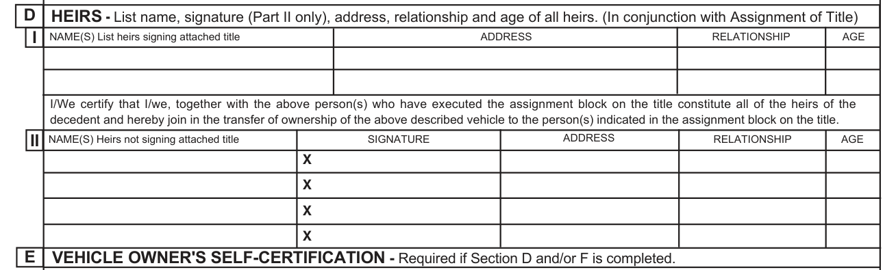 Form MV-39 example filled out, section D, the heirs