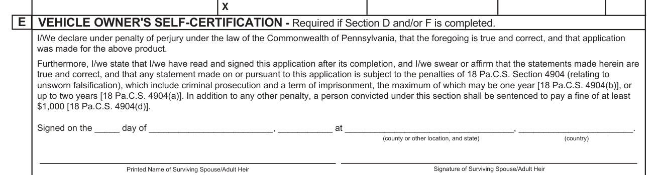Form MV-39 example filled out, section E, the vehicle owner's self-certification