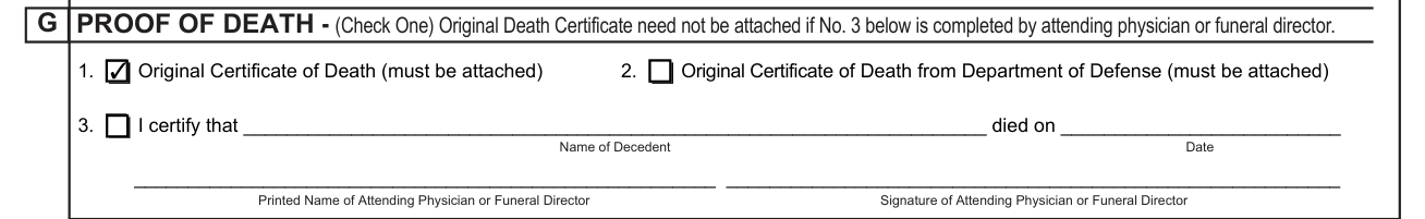 Form MV-39 example filled out, section G, the proof of death