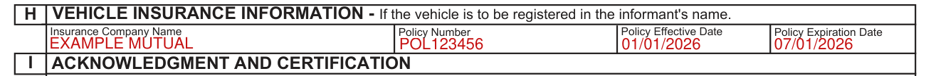 Form MV-39 example filled out, section H, the vehicle insurance information