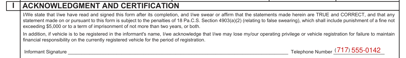 Form MV-39 example filled out, section I, the acknowledgment and certification