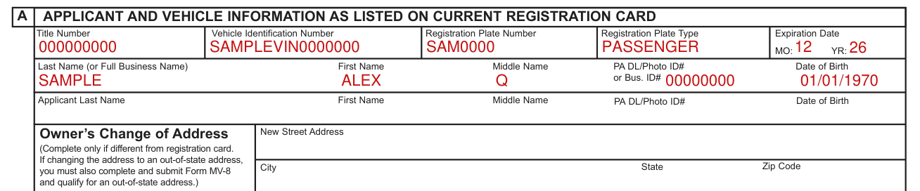 Form MV-44 example filled out, a. Applicant and vehicle information as listed on current registration card
