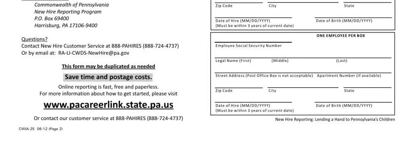 pennsylvania new hire form CWIAPage, ZipCode, City, State, DateofBirthMMDDYYYY, ONEEMPLOYEEPERBOX, EmployeeSocialSecurityNumber, LegalNameFirst, Middle, Last, ZipCode, City, State, and DateofBirthMMDDYYYY fields to fill out