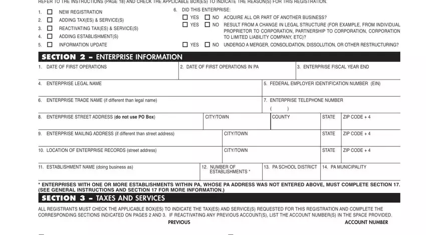 form pa 100 online onewRegisTRATion, oADDingTAxesseRviCes, oReACTivATingTAxesseRviCes, oADDingesTAblishmenTs, oinfoRmATionuPDATe, SECTIONENTERPRISEINFORMATION, esTAblishmenTs, and ACCOUNTNUMBER fields to fill out
