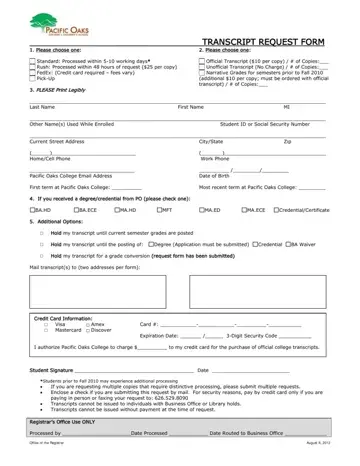 Pacific Oaks Transcript Request Form Preview
