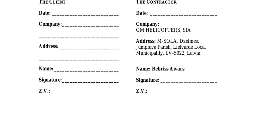 simple painting estimate template THE CLIENT, THE CONTRACTOR, Date, Date, Company, Address, Company GM HELICOPTERS SIA, Address MSOLA Dzelmes Jumprava, Name, Name Bebriss Aivars, Signature, and Signature fields to complete