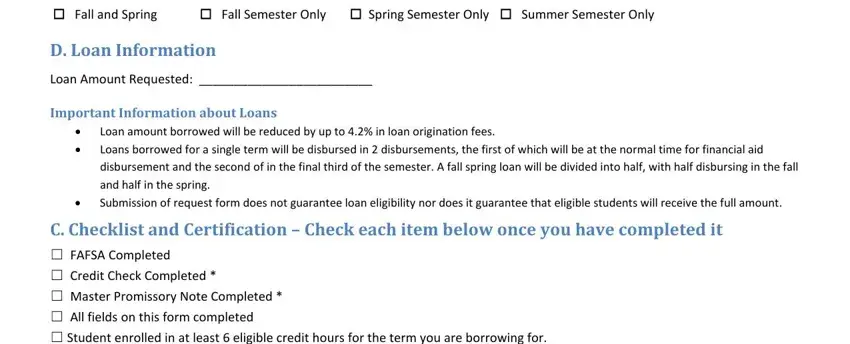 Promissory Fall and Spring, Fall Semester Only  Spring, D Loan Information, Loan Amount Requested, Important Information about Loans, Loan amount borrowed will be, and C Checklist and Certification blanks to insert