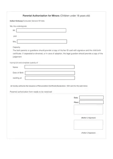 Parental Authorization Form For Minors Sample Preview