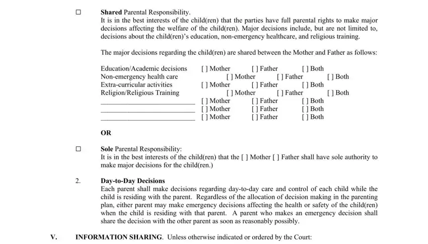 download basic parenting plan Shared Parental Responsibility It, The major decisions regarding the, Mother, EducationAcademic decisions, Mother, Father, Both, Mother, Father, Both, Father, Both, Mother, Father, and Both fields to insert