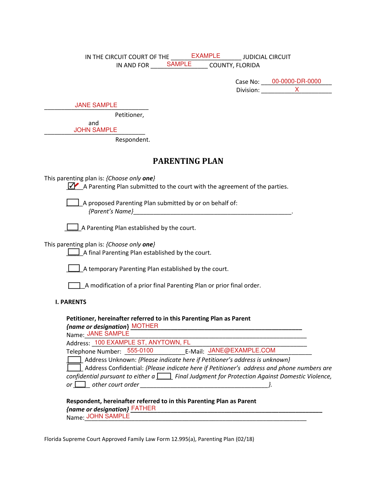 Form 12.995(a) example filled out, example: two parents with an agreed plan