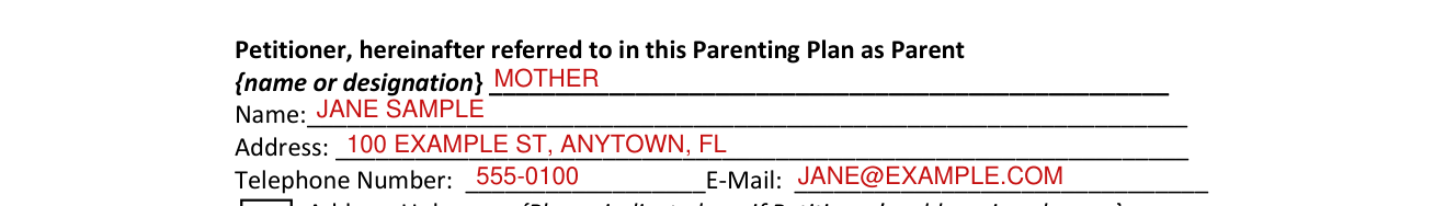 Form 12.995(a) example filled out, petitioner, hereinafter referred to in this Parenting Plan as Parent