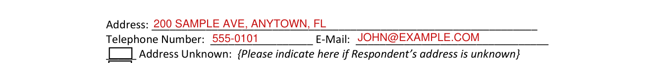 Form 12.995(a) example filled out, respondent's address, telephone and e-mail