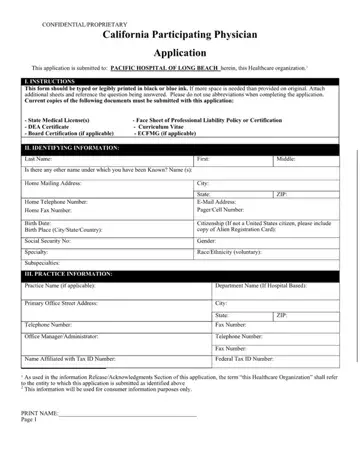 Participating Physician Application Form Preview