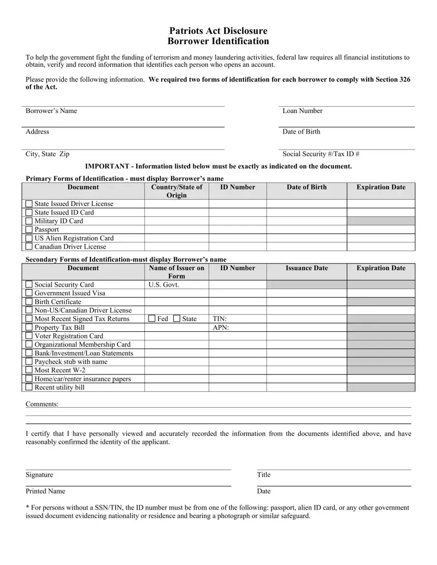 Patriots Act Form first page preview