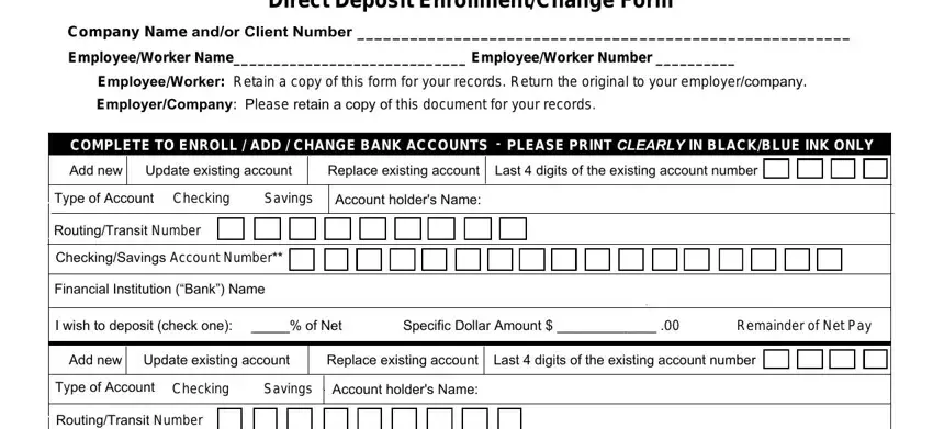 example of empty fields in Paychex Direct Deposit Form