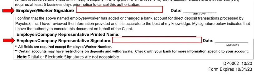 Paychex Direct Deposit Form I authorize my employercompany to, Date, I confirm that the above named, MMDDYY, Note, Digital or Electronic Signatures, and DP  Form Expires fields to complete