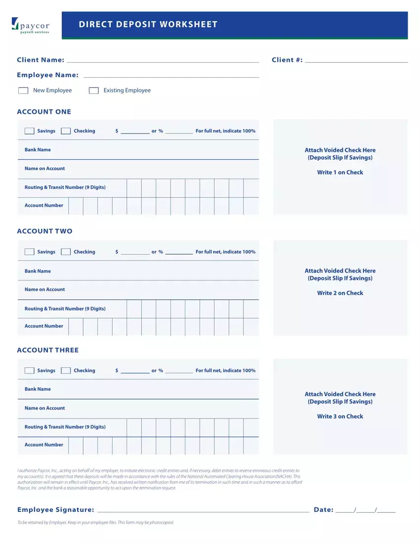 Paycor Direct Deposit Form first page preview