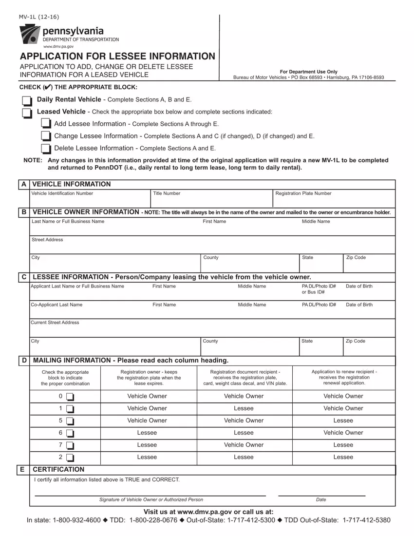 Pennsylvania Mv 1L Form first page preview